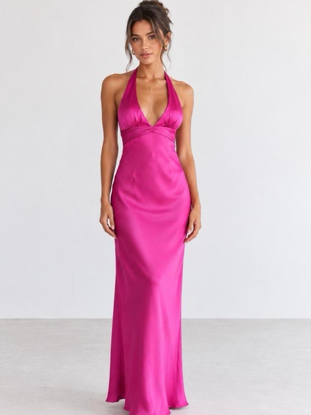 Princess Polly Halter Backless Satin Gown in Fuchsia